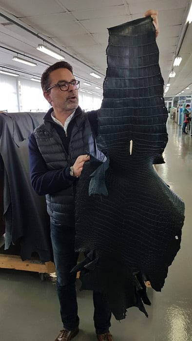 Peau de crocodile, vendue jusqu’à 1 500 € pour le ventre de l’animal. Les peaux d’alligator proviennent des USA, celles de crocodile d’Australie et de Papouasie-Nouvelle-Guinée. Photo © Pierre d’Ornano / Aeternus.fr